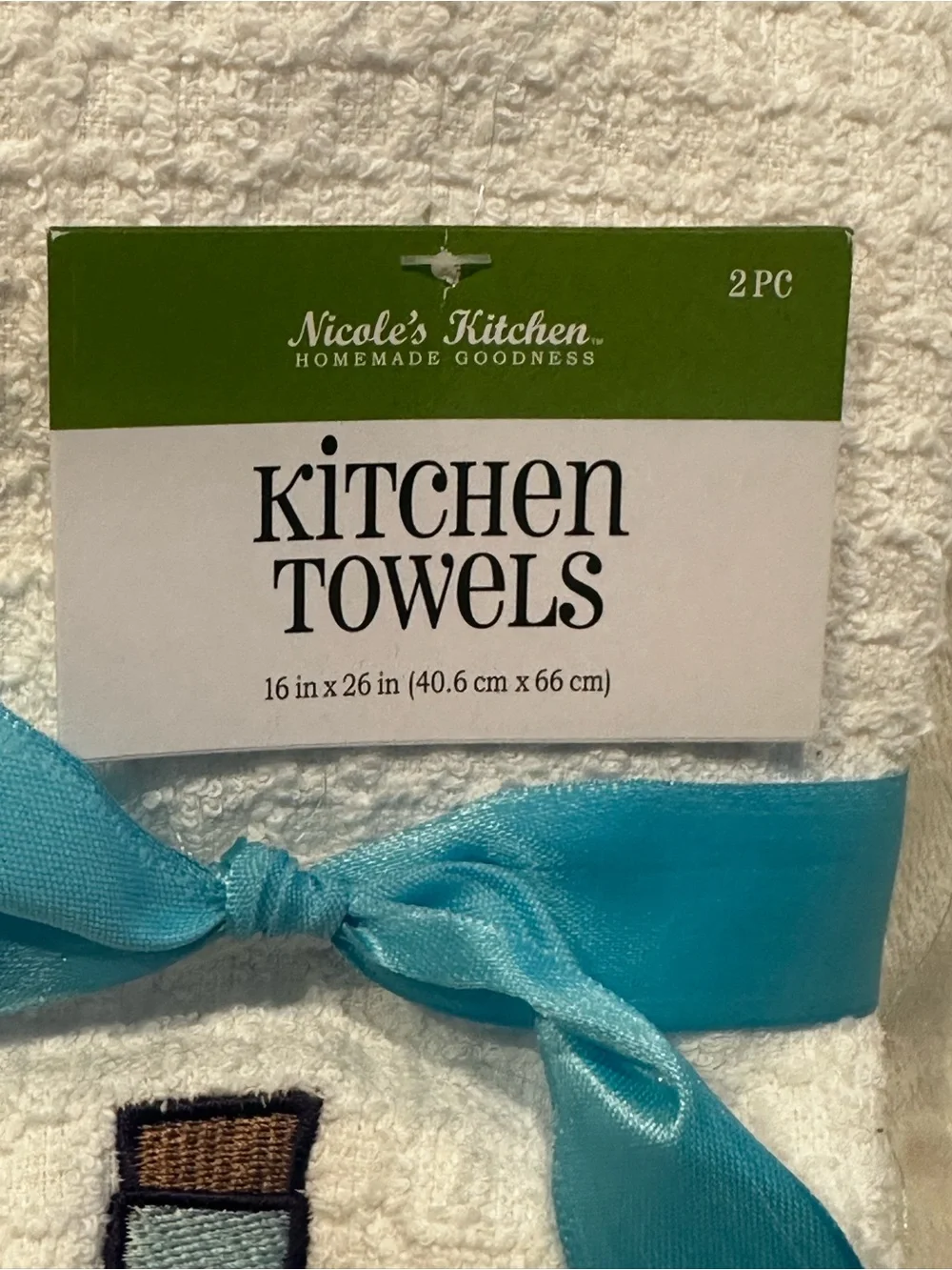 Nicole’s Kitchen Towels Waffle Texture Embroidered Lost At Sea Bottle White Blue